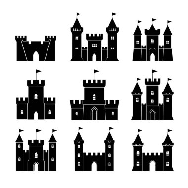 Beyaz arka planda bayrakları ve pencereleri olan dokuz siyah siluet ortaçağ kalesi koleksiyonu