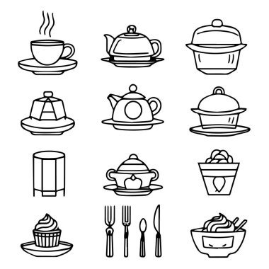 Çeşitli yiyecek, içecek ve yemek malzemelerini temsil eden basit siyah beyaz çizgi sanat simgeleri koleksiyonu