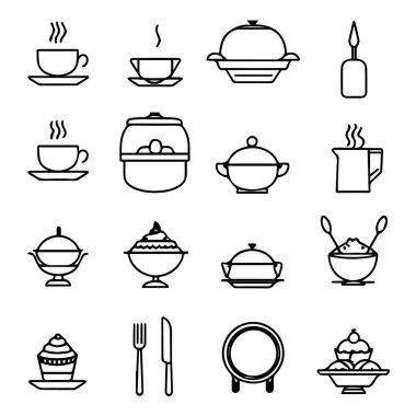 Çeşitli yiyecek ve içecek öğelerini temsil eden basit sanat simgelerinin toplanması. Kahve fincanları, çatal bıçak takımı ve tatlılar da dahil.