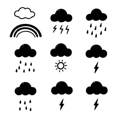 Bulutlar, şimşek güneşi ve beyaz arka planda gökkuşağı gibi basit siyah ve beyaz hava ikonlarının toplanması