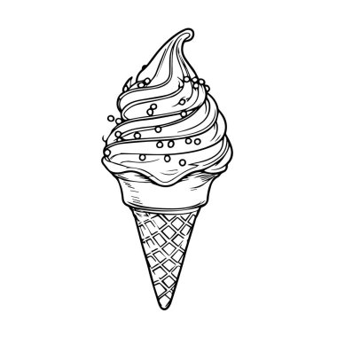 Beyaz arka planda serpiştirilmiş yumuşak dondurma külahının klasik siyah beyaz çizimi.