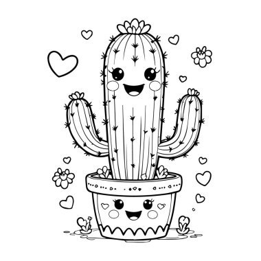 Sevimli kawaii karikatür kaktüsü karakteri, gülen yüzlü, etrafı kalpler ve çiçeklerle çevrili beyaz bir arka planda.