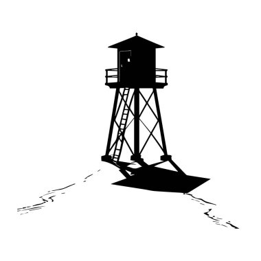 Tarihi ahşap bir su kulesinin tipik siyah silüeti. Merdiveni ve parmaklıkları beyaz arka planda duruyor.