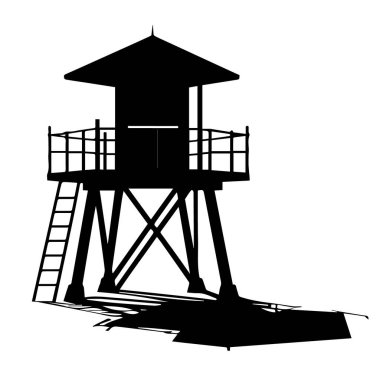 Klasik ahşap bir cankurtaran kulesinin silüeti. Merdiveni ve parmaklıkları beyaz arka planda.