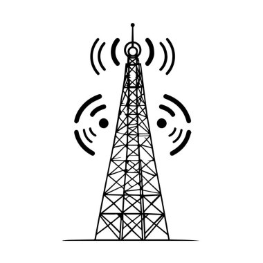 Beyaz zemin üzerinde sinyal dalgaları ve noktalar olan bir iletişim kulesinin siyah ve beyaz çizimi