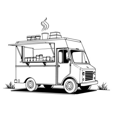 Servis tezgahında fincanları sergilenen dumanı tüten bir kahve kamyonunun siyah beyaz tasviri.