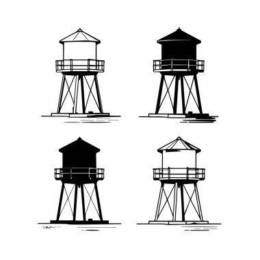 Su kulelerinin dört grafik çiziminin koleksiyonu. İkisi siyah siluette, ikisi beyaz arka planda.