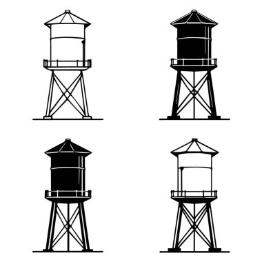 Beyaz arkaplanda siyah beyaz çizgili ve siluet versiyonlu dört biçimlendirilmiş su kulesi simgesi.