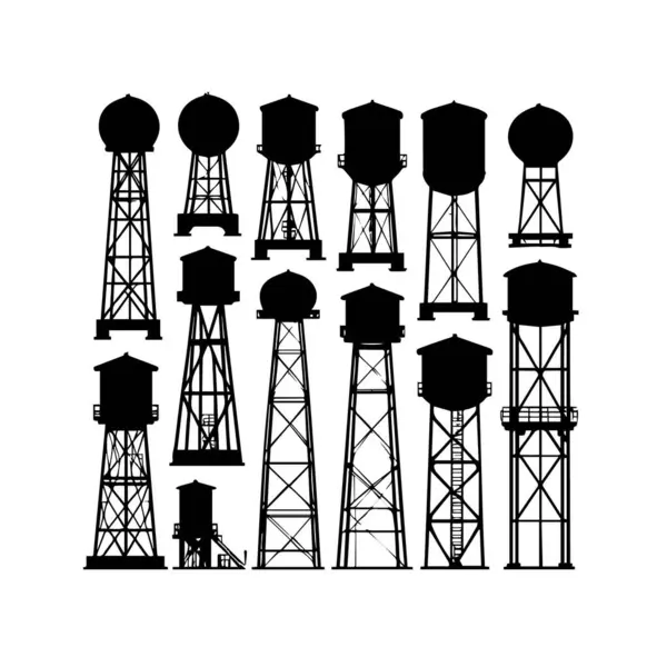 Kentsel altyapı ve endüstriyel tasarımı temsil eden beyaz arka planda çeşitli siyah siluet su kuleleri koleksiyonu