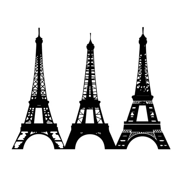 Üç ikonik siyah siluet Eyfel kulesi beyaz arka planda yan yana duruyor.