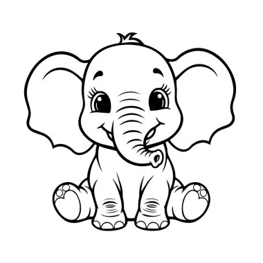 Kocaman gözleri ve sarkık kulakları olan sevimli çizgi film bebek fili mutlu bir şekilde oturuyor ve gövdesi kıvrılmış gülümsüyor.