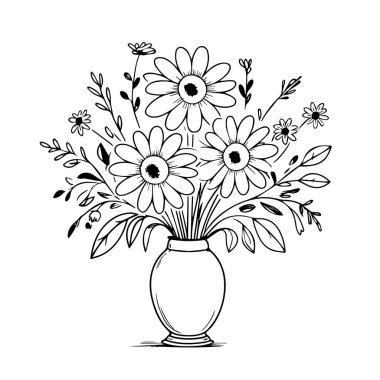 Basit bir vazoda bir buket papatya ve yeşillik çizimi.