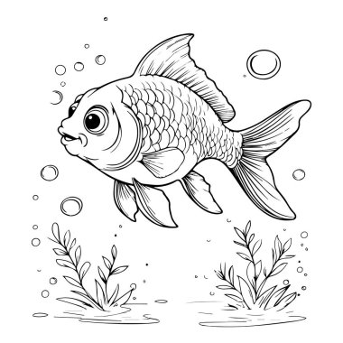 Baloncuklarla ve su bitkileriyle çevrili mutlu bir Japon balığının garip siyah beyaz çizgisi.