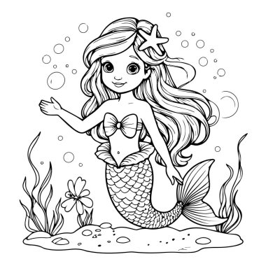 Uzun dalgalı saçlı ve saçlarında kabarcıklar ve su altı bitkileriyle çevrili denizyıldızı olan sevimli bir denizkızının büyüleyici siyah beyaz çizimi.