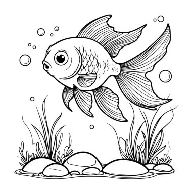 Su bitkileri ve baloncuklar arasında yüzen mutlu bir Japon balığının beyaz arkaplanda yüzen ilginç siyah beyaz çizgisi.