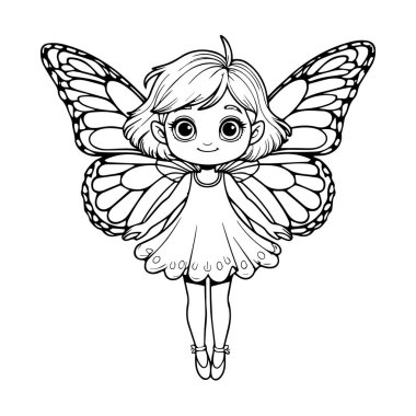Büyük kelebek kanatları ve basit bir elbisesi olan küçük tatlı bir kızın büyüleyici siyah beyaz çizimi.