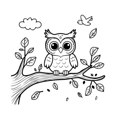 Düşen yapraklar ve uçan bir kuşla çevrili ağaç dalına tünemiş büyük gözleri olan büyüleyici çizgi film baykuşu.