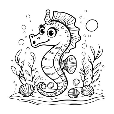 Etrafı deniz kabuklarıyla çevrili siyah beyaz deniz atı ve okyanusta renkli baloncuklu yosunlar.