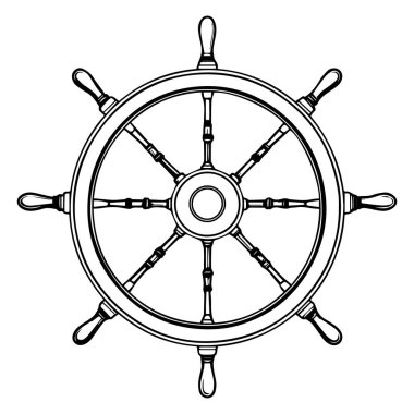 Sekiz telli ve saplı klasik denizcilik gemisi dümeni koyu siyah beyaz çizgiler çiziyor.