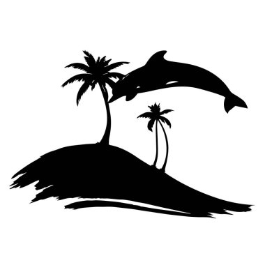 Beyaz bir arka planda, tropik bir adada zıplayan yunus ve palmiye ağaçlarının silueti.