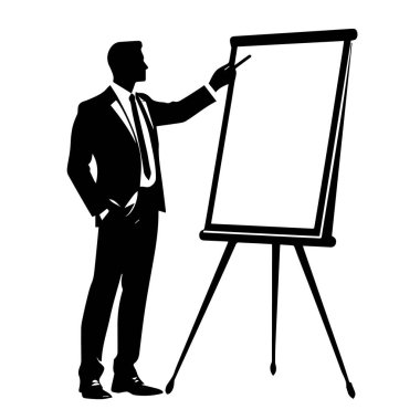 Takım elbiseli bir işadamının silueti sunum sırasında tripod sehpasındaki boş bir tabloyu işaret ediyor.