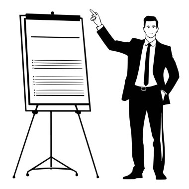 Takım elbiseli kendine güveni tam bir işadamı sunum ya da toplantı sırasında bir yazı tahtasını işaret ediyor.