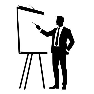 Bir sunum ya da toplantı sırasında takım elbiseli bir işadamının silueti bir takla grafiğini işaret ediyor.