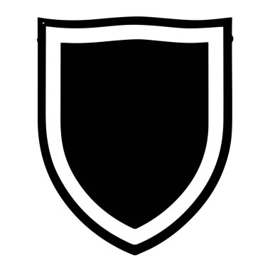 Beyaz arka planda beyaz kenarlı basit bir siyah kalkan amblemi güvenlik ve korumayı temsil ediyor.