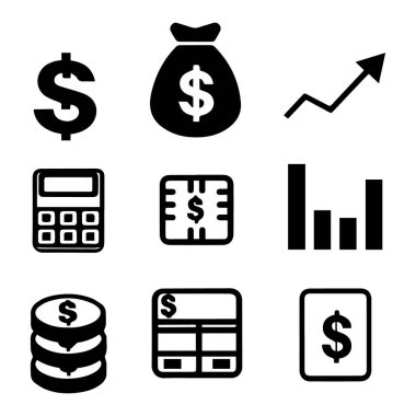 Bir dolar işaretli para çantası hesap makinesi, bar çizelgesi ve beyaz arka planda daha fazlası dahil olmak üzere siyah finansal simgelerin toplanması