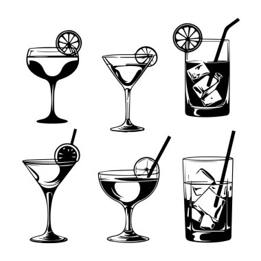 Limonlu ve buzlu alkollü kokteyllerin altı adet stilize siyah-beyaz çizimi.