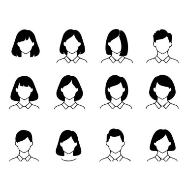 Çeşitli saç stilleri ve tasmaları olan farklı insanları temsil eden minimalist siyah beyaz çizgi sanat simgeleri koleksiyonu