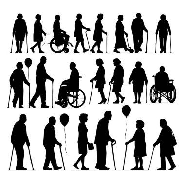 Silüet içindeki yaşlı insanlardan oluşan çeşitli bir grup. Bazıları bastonla, bazıları tekerlekli sandalyede, bazıları da balonla yürüyor.