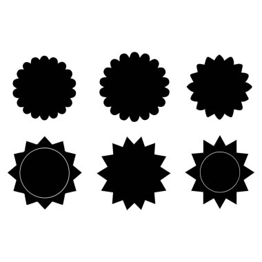 Beyaz zemin üzerinde altı siyah dekoratif yıldız patlaması ve istiridyeli daire şekilleri koleksiyonu