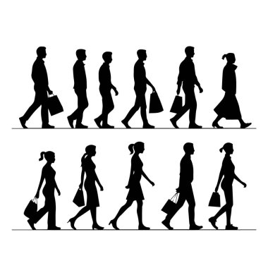 Tüketim ve günlük yaşamı temsil eden beyaz bir arkaplan üzerinde yürüyen ve alışveriş torbaları taşıyan çeşitli insanlar.