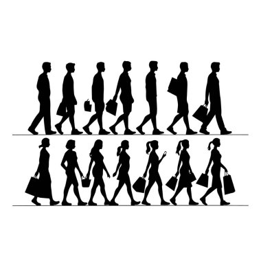 Tüketim ve perakende faaliyetlerini temsil eden beyaz bir arka planda alışveriş torbalarıyla yürüyen çeşitli erkek ve kadın siluetleri.