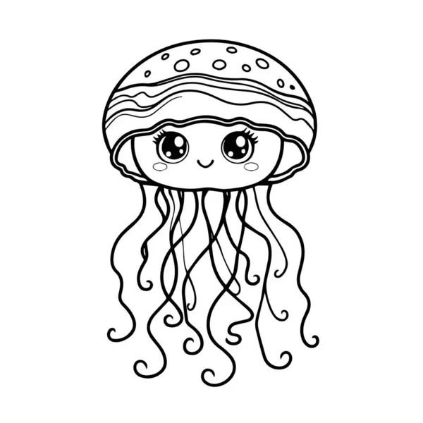 Büyük gözleri ve beyaz arka planda izole edilmiş akıcı dokunaçları olan mutlu bir denizanasının çizimi.