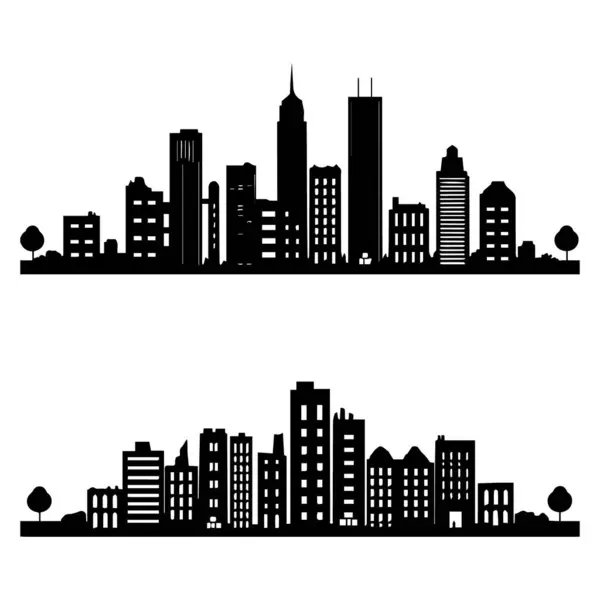 İki belirgin siyah siluet şehir silueti ağaçlar ve çeşitli bina yükseklikleri ile beyaz arka plan karşı karşıya