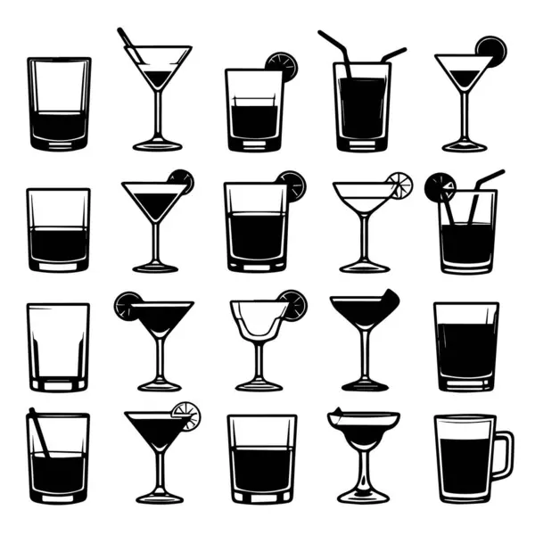 Beyaz arka planda çeşitli siyah beyaz kokteyller ve süslemeli ve pipetli içecek bardakları koleksiyonu