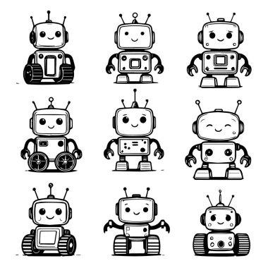 Beyaz arka planda izole edilmiş, eşsiz bir tasarım ve ifadeye sahip dokuz sevimli retro robottan oluşan bir koleksiyon.