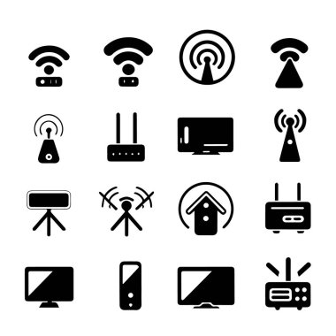 Beyaz zemin üzerinde izole edilmiş, çeşitli kablosuz cihazlar ve ağ bileşenlerini temsil eden, geniş bir siyah kablosuz simge seti vektör sanatı