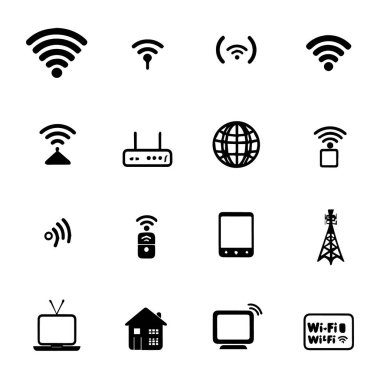 Beyaz arkaplanda izole edilmiş, çeşitli kablosuz aygıtlar ve ağ sembolleri tasvir eden siyah wifi simgelerinin toplanma vektör sanatı