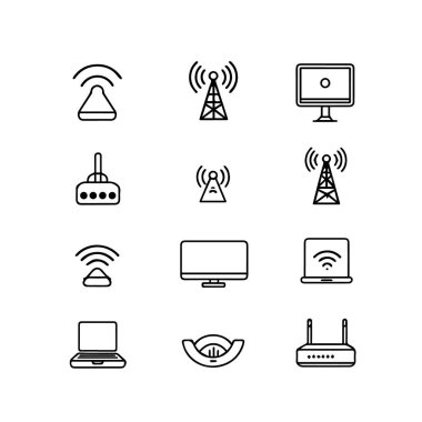 Beyaz arkaplanda izole edilmiş çeşitli kablosuz iletişim cihazlarını tasvir eden bir dizi satır sanat simgesinin vektör sanatı