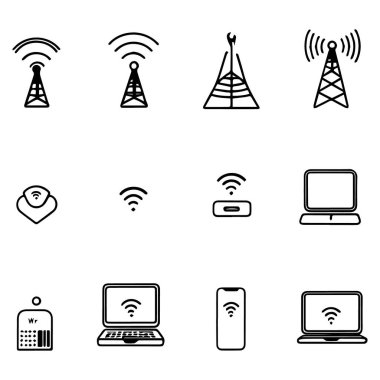 Beyaz arkaplanda izole edilmiş kablosuz iletişim cihazlarını ve antenleri temsil eden bir dizi çizgi resim simgesinin vektör sanatı