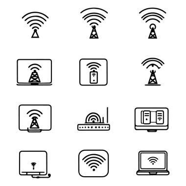 Beyaz arkaplanda izole edilmiş on iki kablosuz iletişim simgesinin vektör sanatı, temiz çizgi sanat tarzında çeşitli aygıtlar ve ağ sembolleri tasvir ediyor