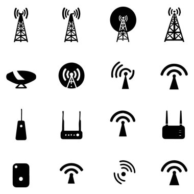 Beyaz zemin üzerinde izole edilmiş onaltı adet siyah kablosuz iletişim ikonunun vektör sanatı, çeşitli antenler, kuleler ve cihazlar içerir