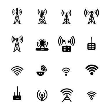 Beyaz arkaplanda izole edilmiş onaltı siyah kablosuz iletişim ikonunun bir koleksiyonunun vektör sanatı, çeşitli antenleri, kuleleri ve aygıtları göstermektedir.