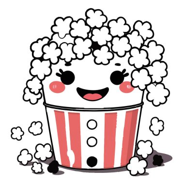 Beyaz arka planda izole edilmiş, gülen yüzlü, şirin bir patlamış mısır kovasının vektör sanatı