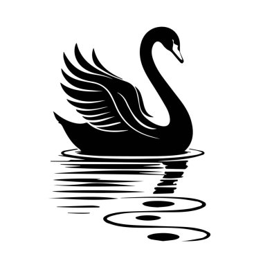 Kanatları açık siyah kuğu vektör sanatı, durgun suda yansıtılır, beyaz arka planda izole edilir.