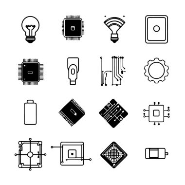 Beyaz arka planda izole edilmiş siyah beyaz teknoloji simgelerinin vektör sanatı
