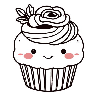 Krem şantili tatlı kawaii kekinin vektör sanatı ve üstünde beyaz arka planda izole edilmiş bir gül.